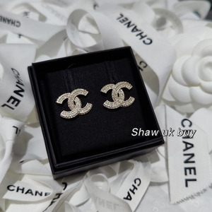 现货Shaw英国购Chanel香奈儿经典双C带钻Logo大钻耳钉耳环耳饰