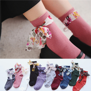 韩国袜子彩色复古糖果色个性手工袜日系纯色森系可爱绑带中筒袜子
