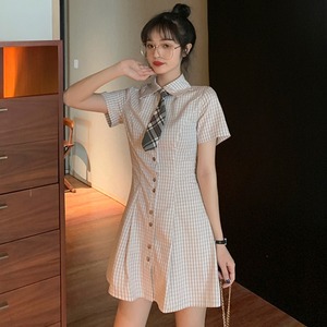 女夏季韩版宽松设计感小众复古格子衬衫裙，均码[送领带]