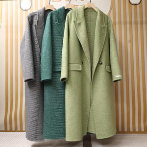 韩国高端定制新斜纹千鸟格双面绒大衣中长款宽松显瘦羊毛呢子外套