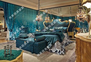 意大利米兰家具欧式宫廷奢华天青蓝颜色面料家具法式古典风格床