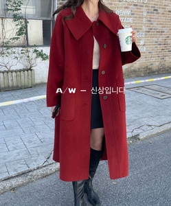 韩国代购东大门秋冬季新品优质简约娃娃领显白红色双面羊毛大衣女