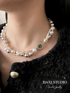海贝混彩强光澳白珍珠项链轻奢高级感双层新款小众设计麻花毛衣链