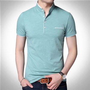 男装纯棉小立领短袖T恤浅绿色大号码修身型小衫气质塑形年轻单衣