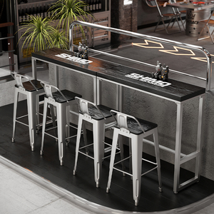 实木吧台桌椅组合奶茶店咖啡厅酒吧酒桌工业风靠墙长条桌高脚桌子