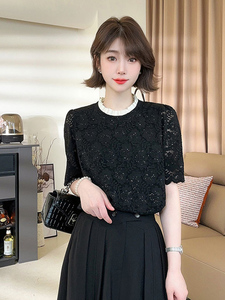 法式黑色花边领重工亮片短袖T恤女夏季新款高级感蕾丝宽松小上衣