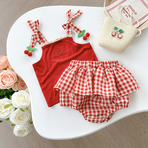 婴儿衣服夏季薄款小樱桃背心包屁裤裙两件套女宝宝分体哈衣裙套装