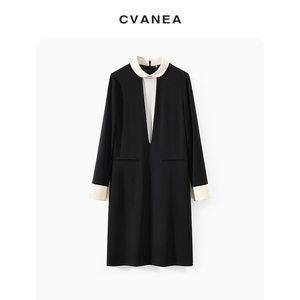 CVANEA 之梵自制 小黑裙系列 2024通勤减龄撞色醋酸长袖连衣裙女