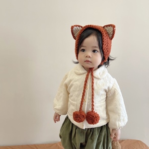 宝宝帽子可爱卡通狐狸耳朵绑带编织发带婴幼儿童保暖护耳毛线帽
