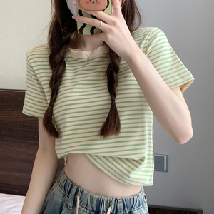 小清新绿色条纹t恤女短袖小个子夏季新款韩版修身高腰打底衫女上
