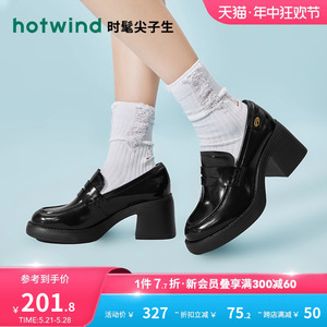 热风2024年春季新款女士粗跟厚底单鞋英伦风套脚乐福鞋高跟女鞋