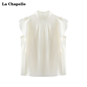 拉夏贝尔法式白色立领小飞袖衬衫女装夏季气质别致短款雪纺衫上衣