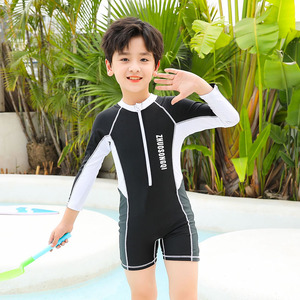 男童泳衣中大童连体长袖平角防晒速干男孩泳装大童男生儿童水母服