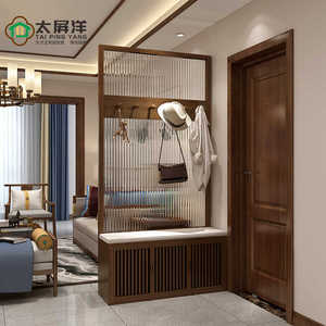 新中式实木屏风隔断客厅长虹玻璃入户门鞋凳柜挂衣架遮挡简约家用