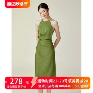 意言绿色简约设计感连衣裙夏季打褶收腰显瘦挂脖无袖中长款吊带裙
