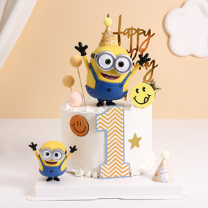 新款小黄人鲍勃生日蛋糕装饰摆件公仔宝宝周岁可爱儿童烘焙装扮