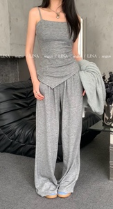 LINA新中式时尚套装盘扣针织衫网红风纯欲不规则吊带+阔腿拖地裤