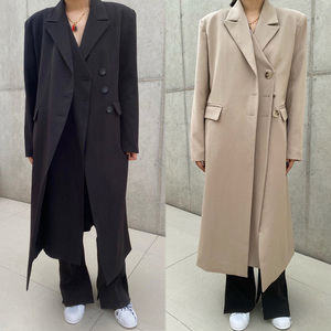 韩国ins秋冬法式气质西装领双门襟设计款宽松过膝长款西装外套女