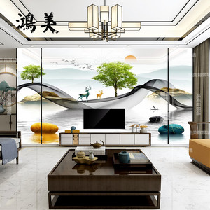 新中式客厅电视背景墙岩板山水画大板大理石沙发影视背景墙瓷砖