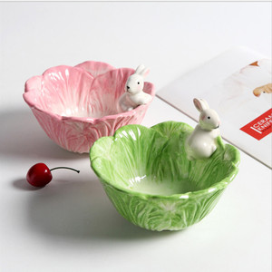 直销时尚卡通儿童碗陶瓷创意可爱手绘小兔子白菜碗釉下彩1个5英寸