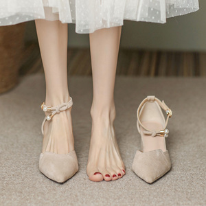 法式珍珠伴娘鞋配裙子温柔粗跟高跟鞋女仙女风低跟3公分单鞋小码