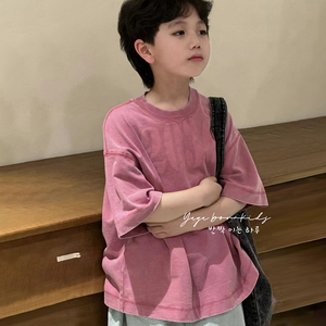 波拉bora韩国童装男童短袖2024夏装儿童宽松做旧t恤女童圆领上衣