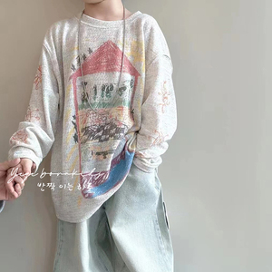 波拉bora韩国童装男童长袖T恤2024春装儿童涂鸦套头衫中大童卫衣