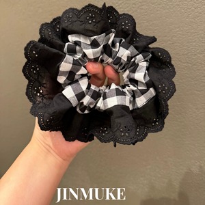 JINMUKE韩国饰品进口发饰黑色格子蕾丝花边发圈发绳头绳新品