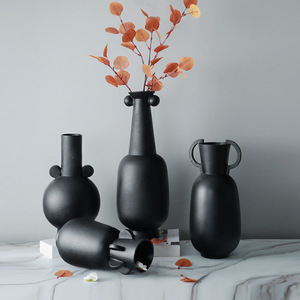 现代简约花器黑色陶瓷花瓶家装饰品创意客厅插花瓷器摆件软装家居