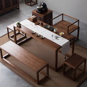 新中式茶桌全实木茶台黑胡桃木简易茶桌椅组合老榆木榫卯禅意家具