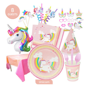 粉色独角兽主题Unicorn女孩生日派对儿童装饰花球气球布置餐具男