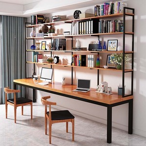 现代整墙一体书桌书架组合铁艺实木阅读架免打孔电脑桌上置物层架