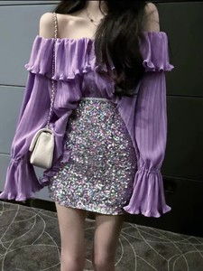紫色泡泡袖一字肩上衣女夏季高级感衬衫甜美超仙荷叶边露肩雪纺衫