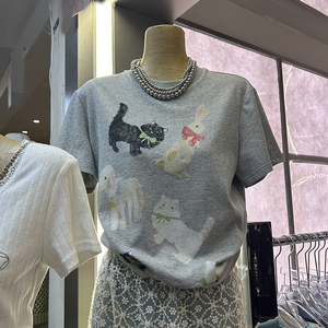 猫咪印花T恤短袖女夏季韩版圆领小个子宽松常规百搭减龄透气上衣