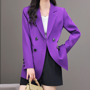 高级感紫色西装外套女双排扣中长款2024春秋新款修身显瘦韩版西服