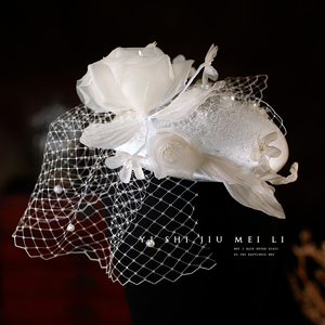 新款韩式超仙手工花朵缎面花帽新娘法式复古帽饰手套婚纱旅拍配饰