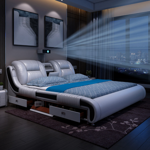 多功能真皮床简约1.8米主卧婚床1.5双人床投影按摩音响储物智能床