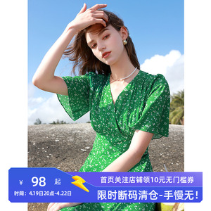 低价清仓！三彩2023夏季新款法式连衣裙V领荷叶袖高腰A字裙优雅女