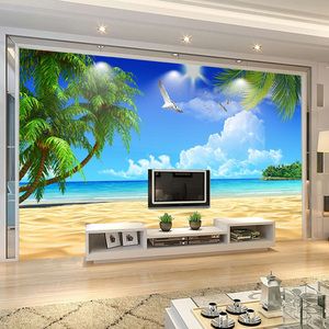 客厅电视背景墙布壁纸影视墙纸海景壁画现代3d立体无纺布大海椰树