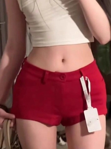 美式辣妹红色复古短裤女夏季性感修身低腰直筒休闲包臀超短热裤子