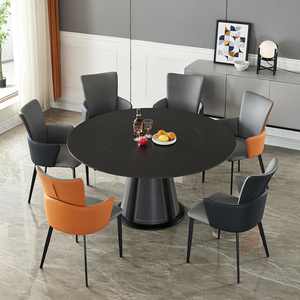 岩板圆形餐桌内嵌转盘桌现代纯黑色桌子火烧石家用8人圆桌1.35米