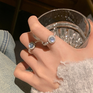 海蓝宝纯银叠戴施华洛正圆珍珠戒指小众设计女食指环尾戒高级感