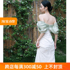 新中式晨袍高级感法式一字肩轻婚纱小众轻奢鱼尾新娘结婚敬酒礼服