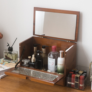 复古实木桌面带镜梳妆盒家用防尘中古风大容量化妆品护肤品收纳盒