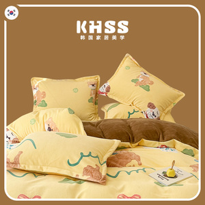 韩国KHSS冬季可爱风柴犬小狗黄棕色牛奶绒四件套加绒加厚床单被套