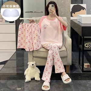 日系睡衣女款带胸垫夏季纯棉粉色kt猫短袖甜美可爱三件套装家居服