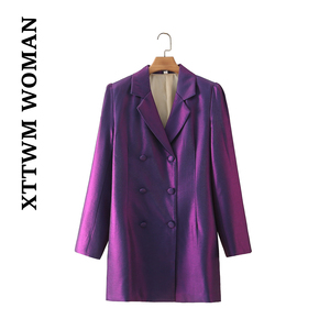 外贸原单剪标21秋季新款欧美风女装宽松时尚紫色双排扣西装外套女