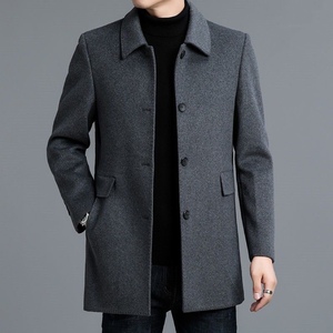 高档韩版大衣男士中长款加厚时尚呢子风衣爸爸装冬季翻领毛呢外套