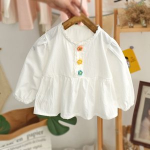 宝宝娃娃衫春秋2023新款女童衬衫洋气时髦韩版长袖婴儿白色棉小衫