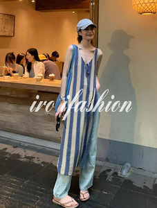 iro ifashion法式撞色复古竖条纹无袖针织连衣裙夏季开叉v领长裙